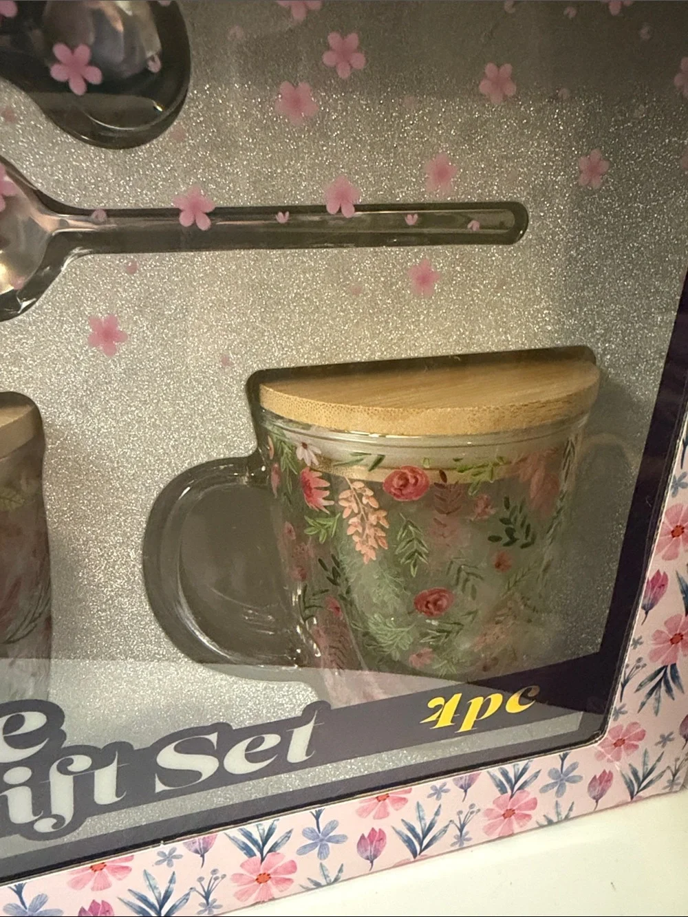 2PC Floral Pink Coffee Mug with Bamboo Lid & 2PC Metal Spoon Gift Set NEW